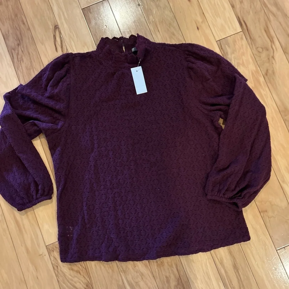 NWT Burgundy Eyelet Mock Neck Blouse Scallop Trim Long Sleeve Top